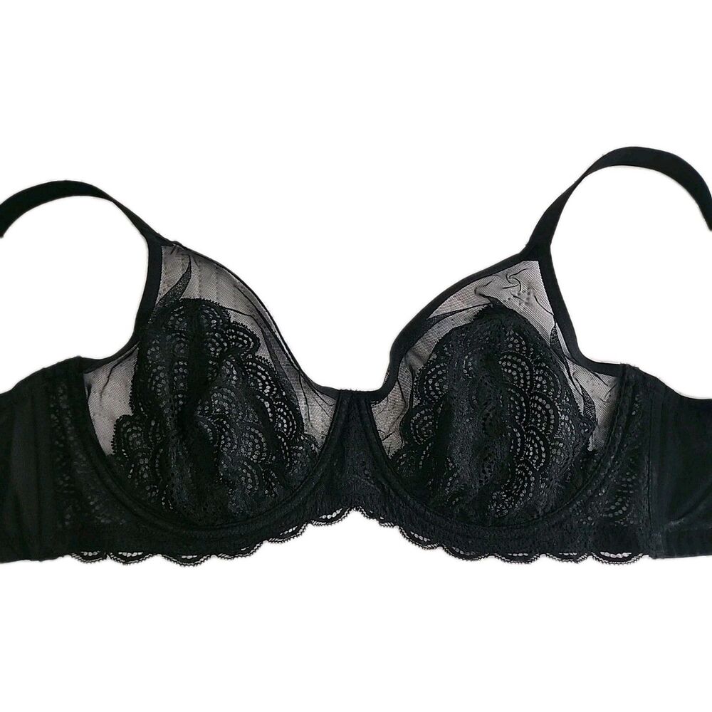 HSIA Unlined SHEER Black Lace Mesh Bra Size 36DD  Underwire SEXY Mesh